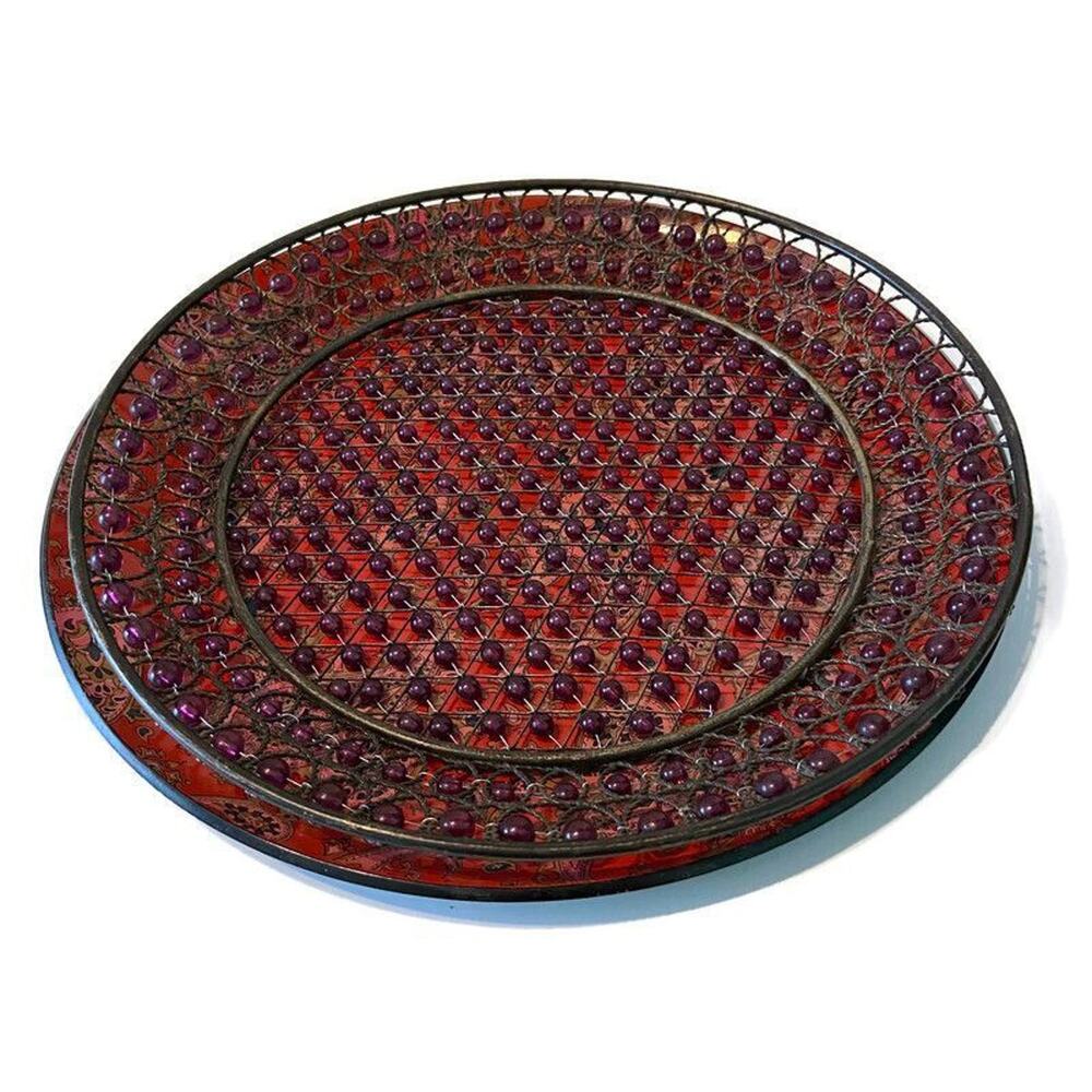 Vtg Purple Beaded Serving Trays 70s Paisley Decorative Set of 2 Hippie 70s